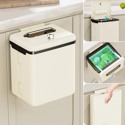Yiomxhi Cubo de Basura Colgante con Tapa, 9 L Bote de Basura de Cocina Plegable para Puerta de Armario, Contenedor de Compostaje para Baño, Oficina, Camping, Debajo Fregadero, Blanco Crema