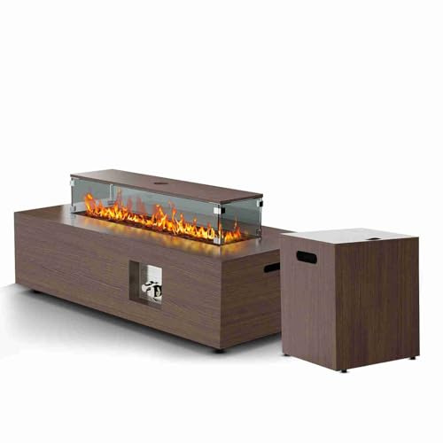42-Zoll-Feuerstellentisch mit Glaswindschutz | Terrassenheizung für den Außenbereich für Hinterhof-/Gartenpartys | Geteilter brauner Gasfeuertisch mit Beistelltisch