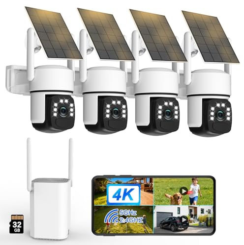 4K Camera di sorveglianza WiFi esterno senza fili,4 Cam-Kit con Home Station/telecamera solare,Sicurezza PTZ a 360 ° a casa,Visione vetturna,Allarme,Audio bidirezionale,2.4 / 5G WiFi,stoccaggio 32G