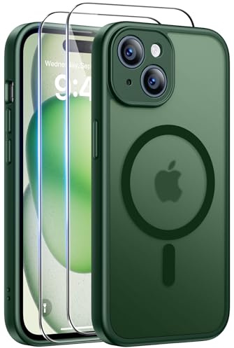 Qasyfanc Magnetic for iPhone 15 Case with 2 Tempered Glass Screen Protector, Compatible with MagSafe, Full Camera Protection, Shockproof Translucent Matte Phone Case, Dark green