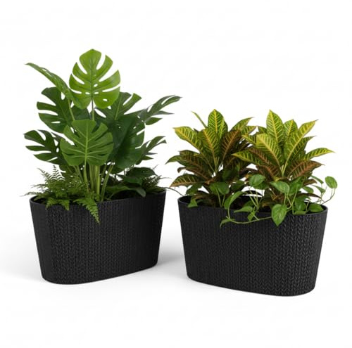 Pincho Macetas Rectangulares Plástico - Jardinera Rectangular Exterior Negro, Macetas Decorativas Interior, Maceta Interior con Drenaje, Macetas Plástico Rafia, Tiesto Rectangular - 29x16x15 cm (2)