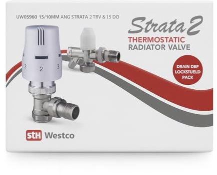 Westco Strata 2 Thermostatic Radiator Valve 15/10mm Angle Twin Pack | Complete Twin Pack Set Including Drain Off & Lockshield Valve