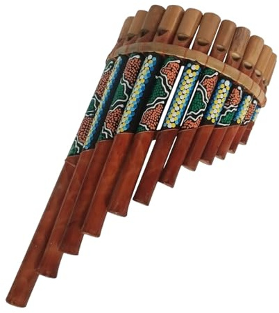 Flauta de Pan Artesanal de Madera, Instrumento Musical Andino con Diseños Étnicos, Bambú Natural con Decoración Colorida, 12 Tubos