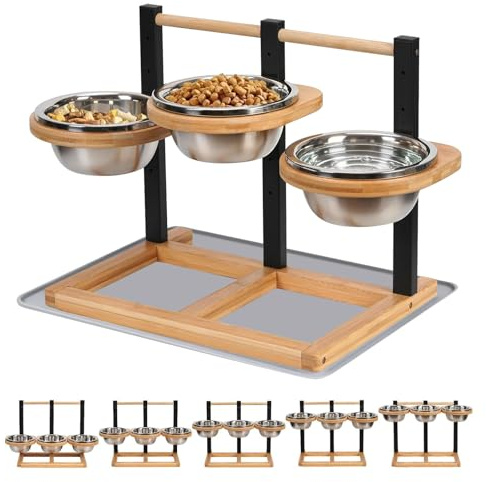 Hundenapf Erhöht, 5 Höhenverstellbar Hundenapf mit 3x1400ml Edelstahlnäpfen | Erhöhter Futternapf für Hunde, Holz Erhöhte Hundenäpfe Hundenapfständer Futternapf Futterstation mittel große