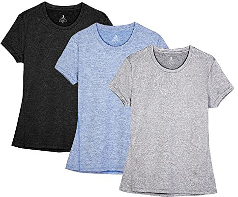 icyzone Femme T-Shirt de Sport à Manches Courtes Sèche Vite Fitness Running Tops, Lot de 3 (M, Noir/Gris/Bleu)