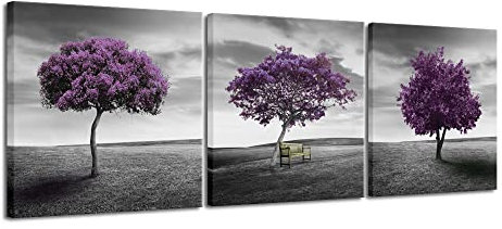 Wieco Art 3-teiliges modernes Landschaftskunstwerk, lilafarbige Bäume, gerahmt, Leinwanddruck, herbstlich, Wandbild für Wohnzimmer, Schlafzimmer oder als Büro-Dekoration, violett, 20x20inchx3pcs