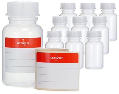 Octopus 10x 100 ml Weithalsflaschen aus LDPE mit Schraubverschluß, leere Chemiekalienflaschen, Laborflaschen mit Deckel als Aufbewahrungsbehälter für Labor, Küche oder Hobby