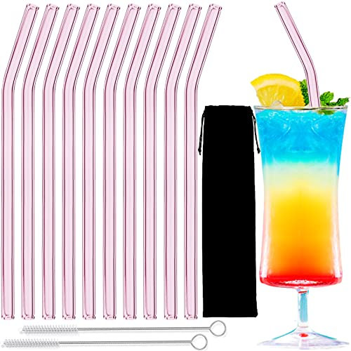 Glass Straws – 10pcs Bent Pink & Clear Glass Straw Set, 8'' Reusable with Cleaning Brush for Tumblers, Tervis, Mason Jars