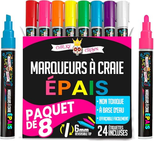 Chalky Crown Rotuladores Cristal Borrable - Punta Reversible Tiza Liquida - Rotulador Cristal Borrable para Pizarras, Carteles, Ventanas, Vidrio(Pack de 8) - Multicolor, 6 mm