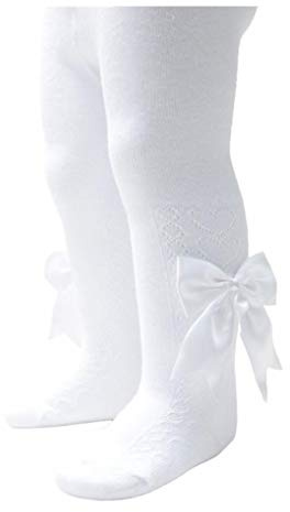 Daisy Days Soft Touch Baby Girls Spanish Style Tights With Bow Pink or White (White, 3-6 Months)