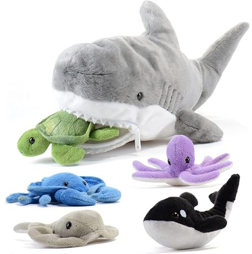 Prextex 38 cm großer Plüsch-Hai Plus 5 weiche Plüsch-Meerestiere, Kuscheltiere Stofftiere wie Oktopus, Krabbe, Schildkröte, Stachelrochen und Blauwal