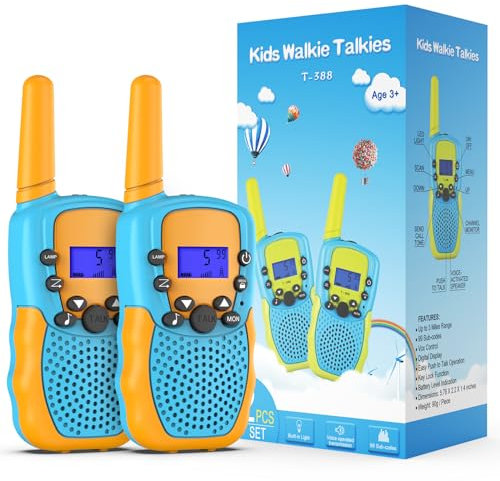 Kearui Spielzeug 3-12 Jahren Junge, Walkie Talkie Kinder 8 Kanal Funkgerät mit LCD Hintergrundbeleuchteter LED-Taschenlampe, 3 Meilen Reichweite für Abenteuer im Freien, Camping, Wandern (Blau-Orange)