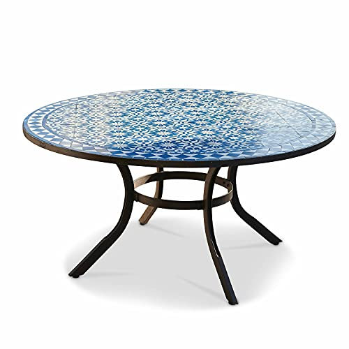 Loberon Tisch Jennarton, detailreiches Mosaik, handgearbeitet, robust & wetterfest, Outdoor, Terrassentisch, Gartenmöbel, Stahl, Mosaiksteine, Zement, blau/weiß/braun