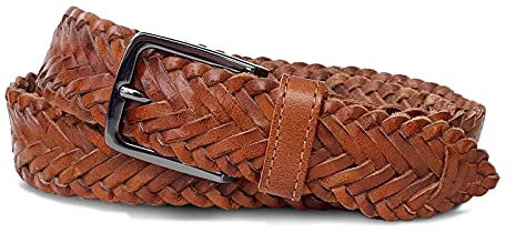 ROYALZ Flechtgürtel Leder Gürtel geflochten Herren Damen Ledergürtel Vintage Echtleder Unisex 35 mm breit, Farbe:Cognac Braun, Größe:Bundweite 85 cm = Gesamtlänge 100 cm