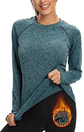 Soneven Long Sleeve Running Top Womens with Thumb Hole Compression Thermal Base Layer Ladies Fleece Tops T Shirt Lightweight Sport Yoga Top Quick Dry for Workout Hiking Skiing (Green, M)
