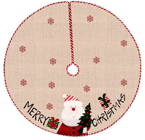 Esportic Weihnachtsbaum Rock, Tannenbaum Decke, Christbaumdecke Rund, Baumdecke Weihnachtsbaum, 108cm Retro Christbaumdecke mit Schneeflocken aus Leinen, für Neujahr Weihnachtsbaum Boden Party Dekor