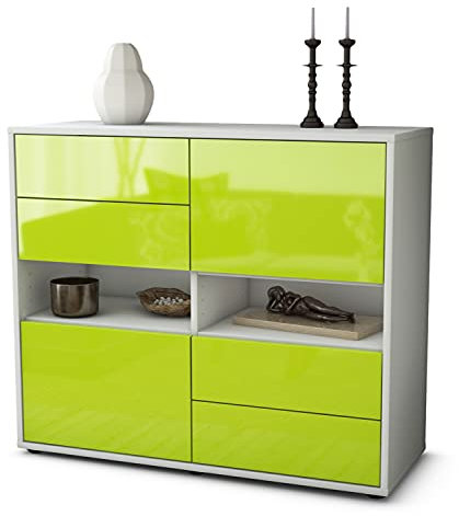 Stil.Zeit Kommode Sideboard, Alexej, Korpus Weiss matt, Front Hochglanz Design Limettengrün, (92x79x35cm), Push to Open Technik & Leichtlaufschienen