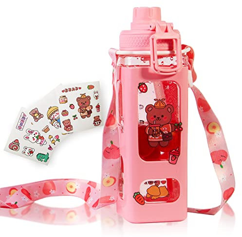 Kawaii Bouteille d'eau pour filles avec paille carrée - Portable et étanche - Pour l'école - 700 ml - Rose