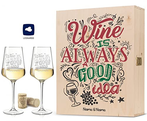 Leonardo XL Weinglas mit Gravur inkl. bedruckter Holzkiste - Wine is always a good Idea - Geburtstagsgeschenk für Männer & Frauen - Geeignet als Rotweingläser Weißweingläser Farbe Große Kiste UV