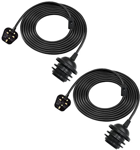 Pendant Light Fitting Kit, 2 Pack E27 Lamp Holder with 450cm Cable and Switch,Black Plug in Hanging Lamp Cord, Modern Plug in Ceiling Lighting Fixture,Extension Bulb Holder with Switch for Lampshade