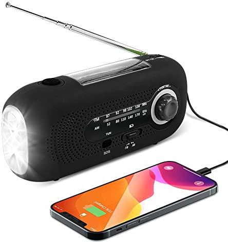 Radio Solaire, Manivelle d'urgence Radio Météo Solaire AM/FM Auto-alimentée avec Lampe de Poche 5 LED, Banque d'alimentation d'urgence 2000 mAh pour Smartphones, Maison et Camping (Noir)