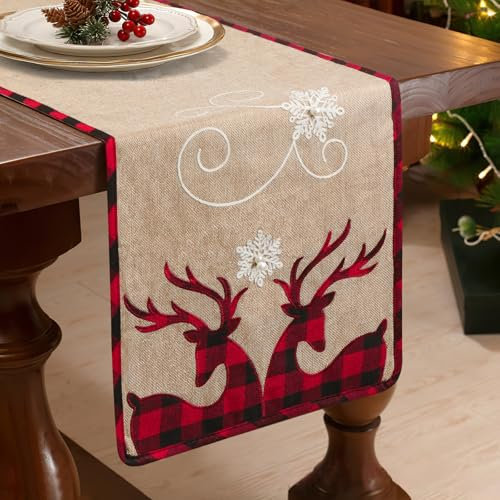 Weldomcor Weihnachtstischläufer Sackleinen Tischläufer mit rotem Büffel Bestickt Rentier Schneeflocken Kaffeekocher Home Tischdecke Esstisch Dekoration für Weihnachtsfeier Dekor Geschenk