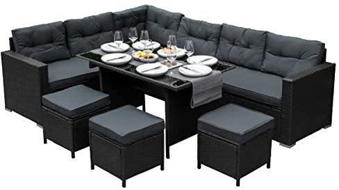 Sitzgruppe Lounge Gartenmöbel Sitzecke Rattan Polyrattan Gartengarnitur Schwarz Ecksofa Hocker Tisch mit Glasplatte UV-Schutz Wasserdicht Graue Sitzkissen Rückenkissen Garten GRATIS Regenshutzhülle