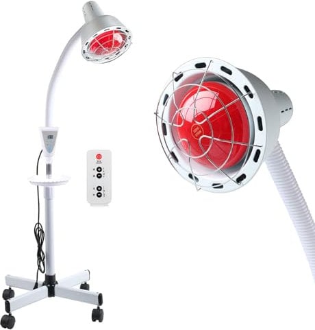 MaxEarn Rotlichtlampe Wärmelampe 275 Watt, 360°-Drehung Infrarotlampe mit Fernbedienung, Temperatur und Höhenverstellbar, Rotlichtlampe Therapie mit Ständer und 4 beweglichen Universalrädern