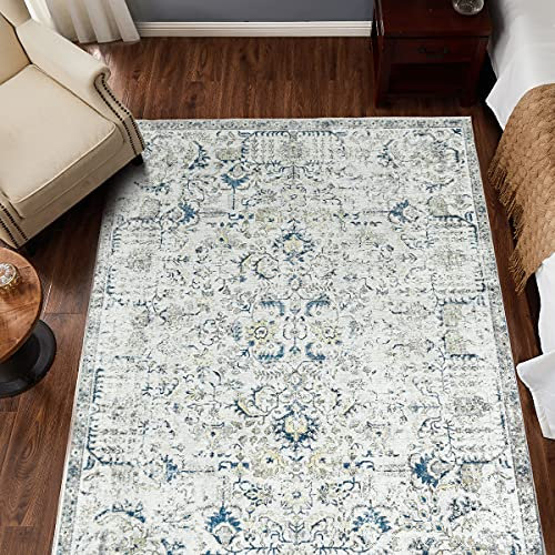 TOPICK Läufer 60x240cm Blau Teppiche Vintage Teppichläufer Flur Retro Faltbar Dünner Waschbar Teppich Multi Floral Boho rutschfeste für Innenbereich Badezimmer Küche Schlafzimmer Wohnzimmer