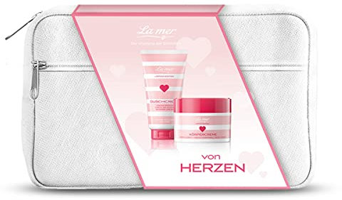 La mer Exklusives Geschenkset Von Herzen - Körperpflege Set zum Verschenken mit blumig-pudrigem Duft - Rosa Streifen-Look - Bestehend aus Duschcreme, Körpercreme und Kosmetiktasche - 350 ml