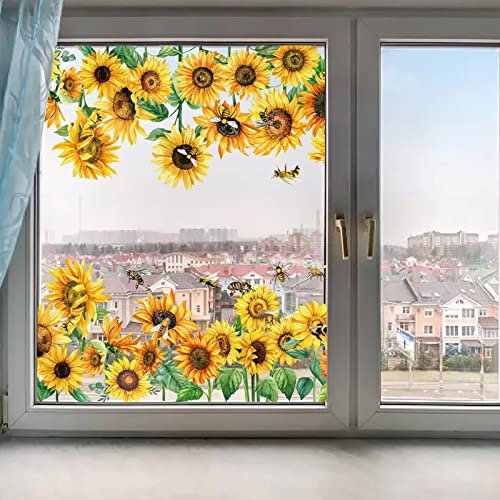 GORGECRAFT Große Sonnenblumen-Bienen-Fensteraufkleber Transparent Gefärbt Frühlingsblume Fensteraufkleber Wiederverwendbar Statisch Nicht Klebend Dekor Abnehmbarer Fensteraufkleber Glastür-Abdeckfolie