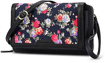 Peacocktion Damen Umhängetasche, Kleine Crossbody Taschen Schultertasche, Handgelenkstaschen Geldbörse mit Crossbody und Handgelenk 2 Riemen, Handytasche zum Umhängen, 03-Schwarz Rose Floral