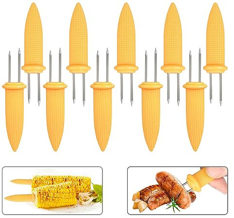 SENZEAL 10 Pièces Brochettes de Maïs en Acier Inoxydable Support Maïs 9,2 cm Pic Epis de Mais avec Poignée Plate Antidérapante Fourchettes à Fruits pour BBQ Camping Pique-nique Fête