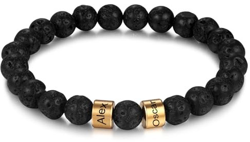 INBLUE Personalisierte Gravur Name Perlen Armbänder für Männer 2-4 Namen Perlen für Freund Vater Familie Tigerauge Stein Lava Stein Armband Schmuck Geschenke für Geburtstag Vatertag Weihnachten A2