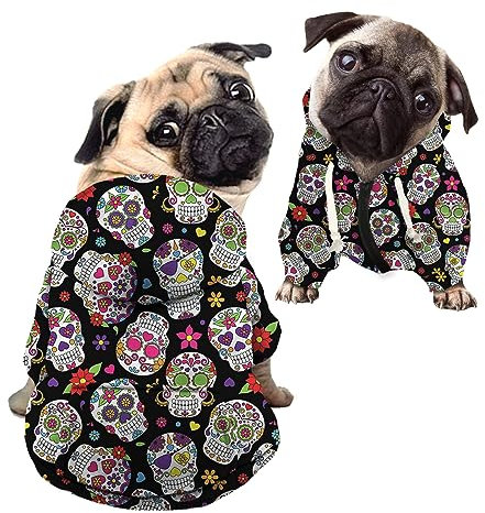 Kuiaobaty Hundemantel mit mexikanischem Totenkopf-Motiv, für kleine Hunde, mit Reißverschluss, mit Tasche, Süßigkeitentotenkopf-Druck, weicher Welpen-Kapuzenpullover