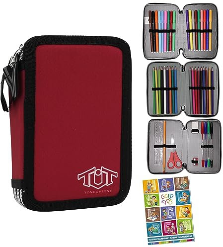Goldkids Federmappe Federtasche Federmäppchen XXL Schüleretui Federtasche Federpenal Schulmäppchen ToneUpTone rot schwarz 3 Fächer 45-teilig gefüllt inkl Hausaufgabenheft