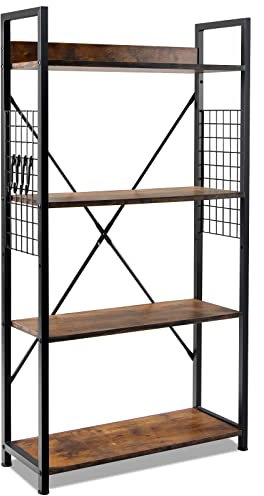 HOMASIS Standregal Bücherregal 4 Ebenen, Büroregal mit Stahlrahmen, Lagerregal Aufbewahrungsregal mit Gitter & Haken, industriell Regal für Wohnzimmer Büro, vintagebraun