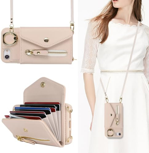 SailorTech iPhone 7/8/SE2/SE3 Case with Zipper Credit Card Holder for Women, iPhone 7/8 Phone Leather Case Ring Stand with Card Slots Kickstand Wallet Crossbody for iPhone SE 2022 - Beige