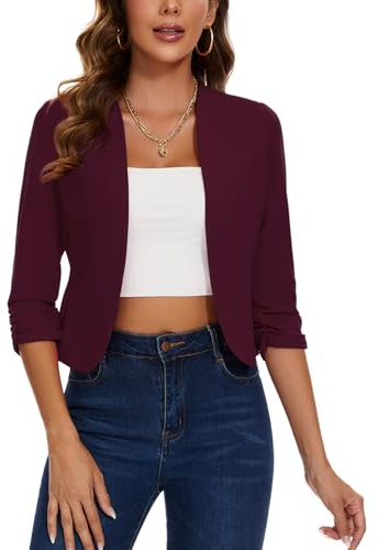 MINTLIMIT Ladies Jackets 3/4 Ruched Sleeve Elegant Women Cropped Blazers Jacket Open Front (Wine Red M)