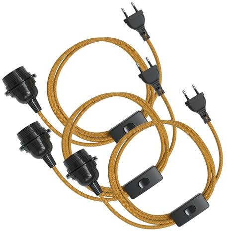 EAZY CASE - 3x Lampenfassung E27 mit Kabel aus Stoff [MIT SCHALTER] - Fassung E27 mit Kabel - Lampenfassung mit Schalter - Lampenkabel mit Fassung - Glühbirne mit Kabel - DIY Lampenfassung mit Stecker