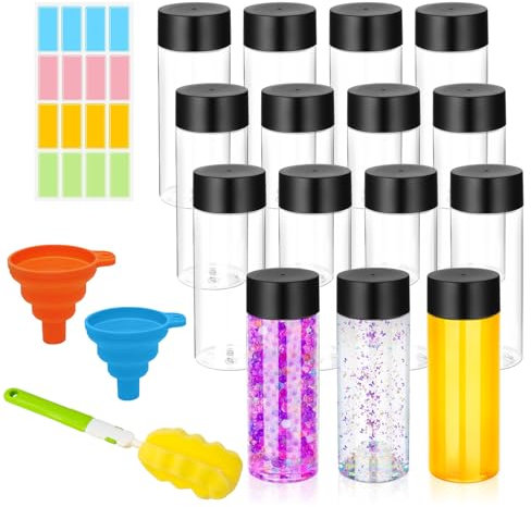 16 Pcs Clear Plastic Bottles Empty Sensory Bottles with Caps PET Plastic Juice Bottles Reusable Bulk Leakproof Drink Container Plastic Sensory Bottles for Juice Milk (Black Lid, 10 oz/ 300 ml)