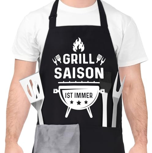 dusaniyali Lustige Kochschürze für Männer, GRILL SAISON IST IMMER Professionelle Grillschürze Chefkoch Ehemann Küchenschürze mit Doppeltasche Verstellbar Vatertag Geburtstagsgeschenk