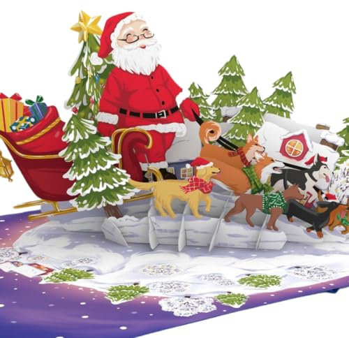 Three Dee Cards - Santa's Schlitten mit niedlichen Hunden 3D Pop-Up Weihnachtskarte, Geldgeschenk für Tochter, Sohn, Ehemann, Ehefrau, Bruder, Schwester, Mama, Papa, Familie, Weihnachtsgrußkart