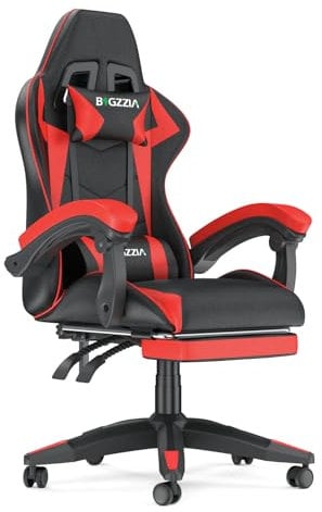 bigzzia Gaming Chair with Footrest and Ergonomic Computer Chair Reclining PU Leather High Back Video Game Chair with Headrest Adjustable Lumbar Support Linkage Armrest for Adults (Black/Red)