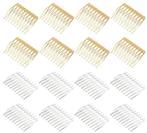 16 Stück Metall-Seitenkämme mit 10 Zähnen, Schleierkämme, Haar-Seitenkämme für Damen, französisches Haar mit Zähnen für Haar-Accessoires mit silbernem und goldenem Chignon-Clip