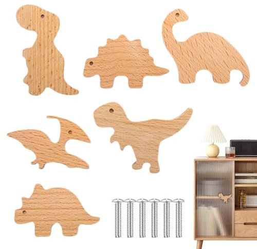 Möbelknöpfe aus Holz mit Tiermotiven | 6 Stück Holz-Dinosaurier-Möbelknöpfe | Cartoon-Tier-Schubladenknöpfe mit Schrauben für Kinderzimmer, Kinderzimmer-Dekoration