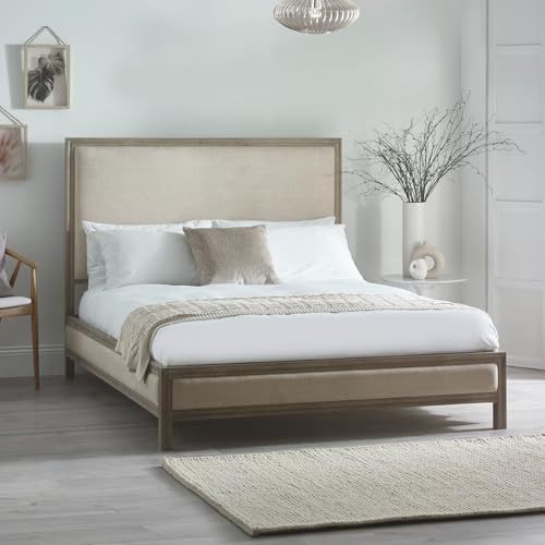 Julian Bowen Ivory Lucie Fabric Bed | Modern Wooden Bed Frame, 135cm/4ft6, No Box Spring Needed, Faux Linen High Headboard, Wooden Grain Belt Border