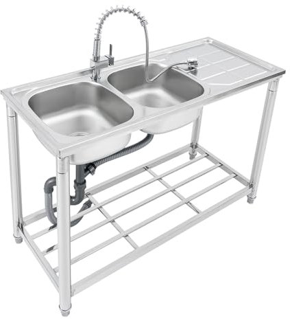 Fregadero de restaurante comercial, fregadero de acero inoxidable con doble lavabo, grifo extensible, fregadero de cocina, independiente, superficie de trabajo grande con estante, 120 x 50 x 80 cm