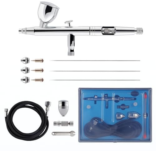 Airbrush Kit Set mit 3 Quick-Release Düsen-Sets (0,2, 0,3 & 0,5mm) und 6 ft Schlauch - Dual-Action Schwerkraft Feed Airbrush mit 5/13cc Cups