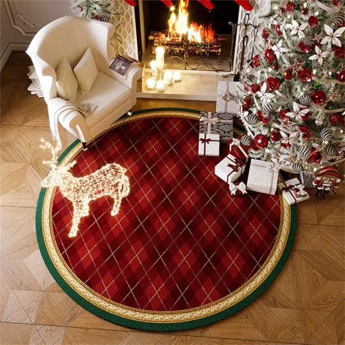 Chickwin Teppich Rund Weihnachten, Weihnachtsteppich Wohnzimmer Weihnachtsmatte Teppich Schlafzimmer Weihnachten Teppich Rund rutschfest für Dekoration (Durchmesser 120cm,Rot Plaid D)